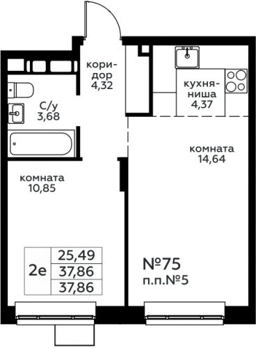 2-комнатная, 37.86 м²