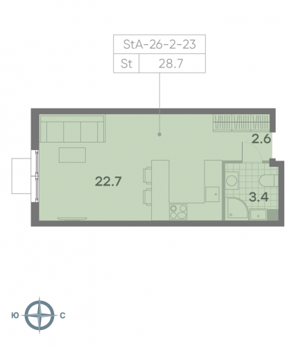 Студия, 28.7 м²