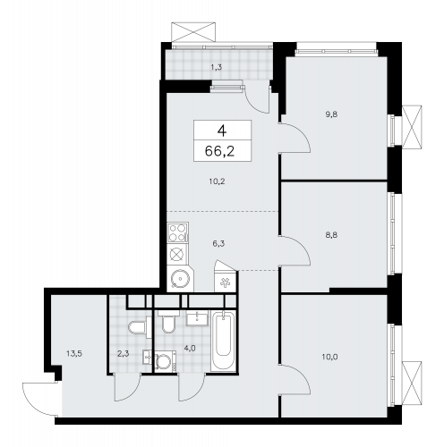 Многокомнатная, 66.2 м²