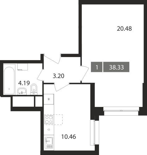 1-комнатная, квартира, 38.33 м²