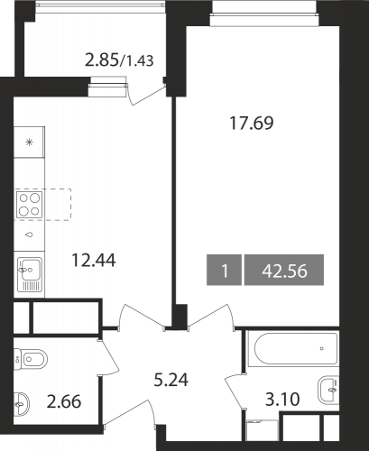 1-комнатная, квартира, 42.56 м²