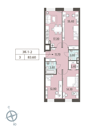 3-комнатная квартира №135611, 83,6 м² за 29,69 млн руб. в ЖК «Зиларт» - планировка