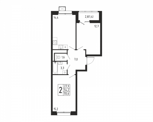 2-комнатная, квартира, 55.6 м²