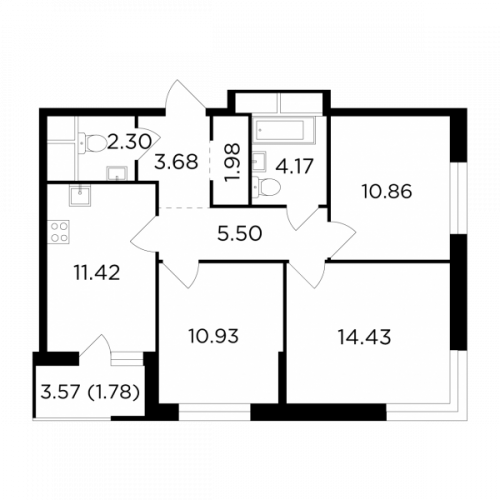 3-комнатная, 66.96 м²