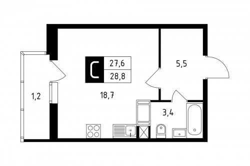 Студия, 28.8 м²