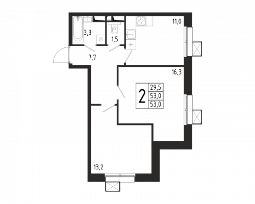 2-комнатная, квартира, 53 м²