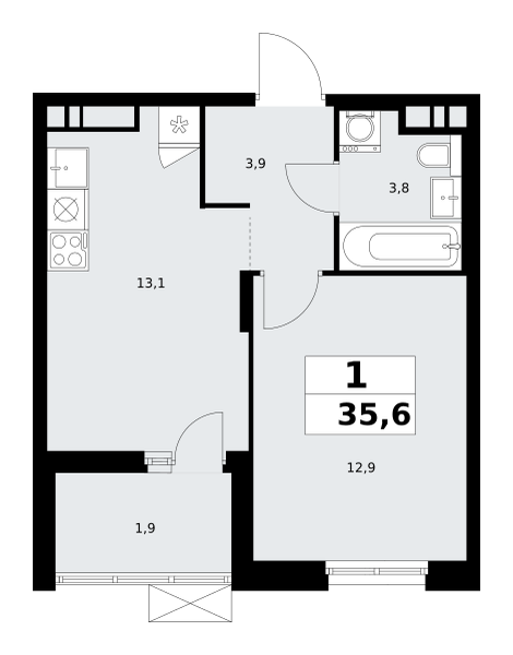 1-комнатная квартира №58К-7.1.3-480, 35,6 м² за 12,85 млн руб. в ЖК «Прокшино» - планировка