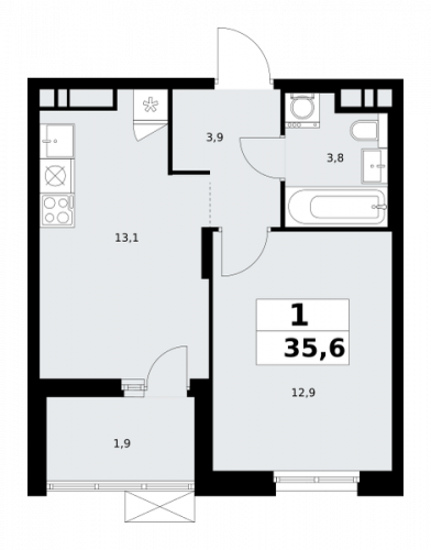 1-комнатная, 35.6 м²