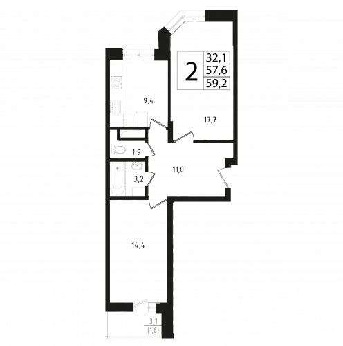 2-комнатная, квартира, 57.6 м²