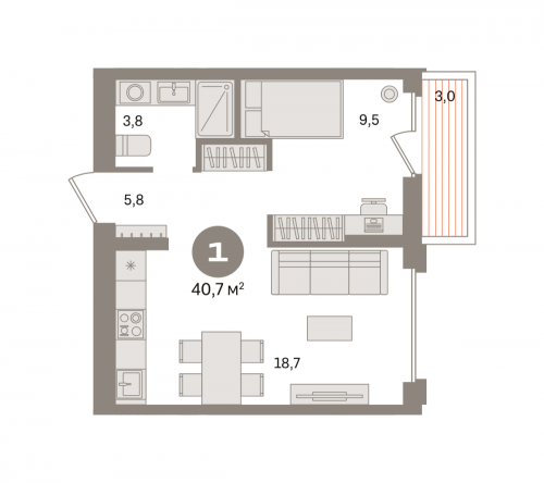 1-комнатная, квартира, 40.74 м²