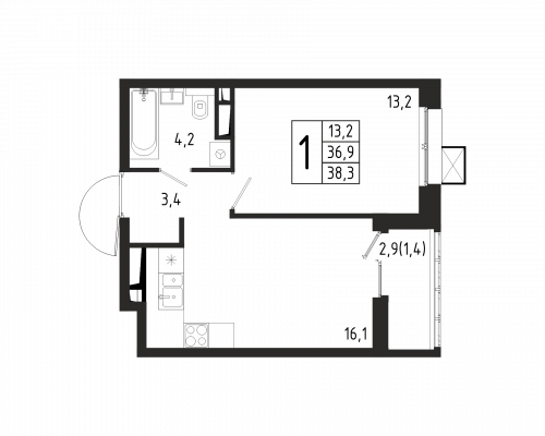 1-комнатная, квартира, 38.3 м²