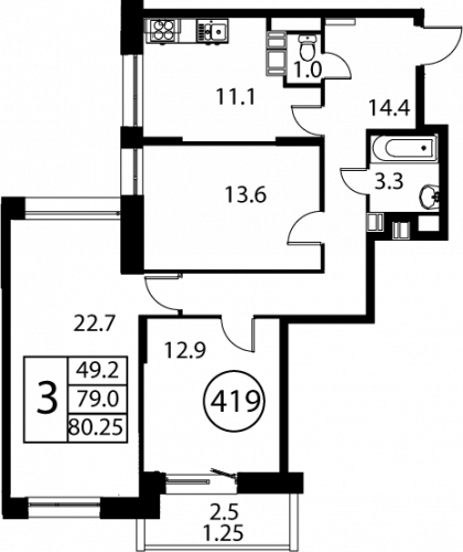 3-комнатная, квартира, 80.25 м²