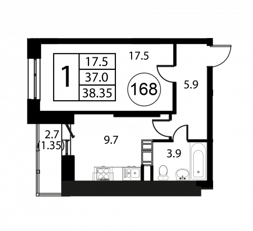 1-комнатная, квартира, 38.35 м²