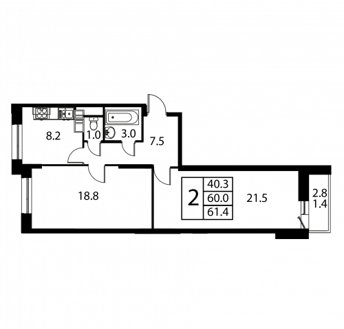 2-комнатная, квартира, 61.4 м²