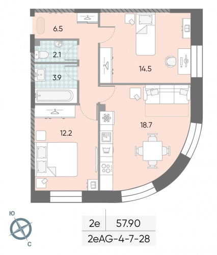 2-комнатная, 57.9 м²