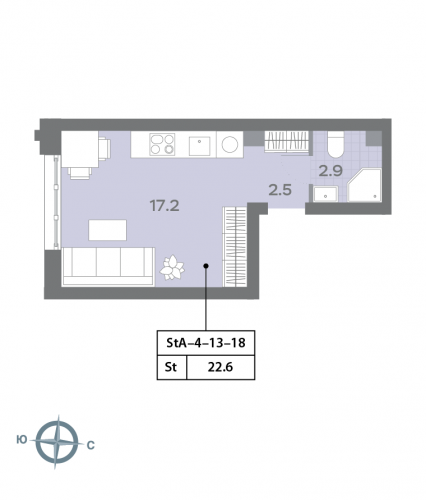 Студия, 22.9 м²