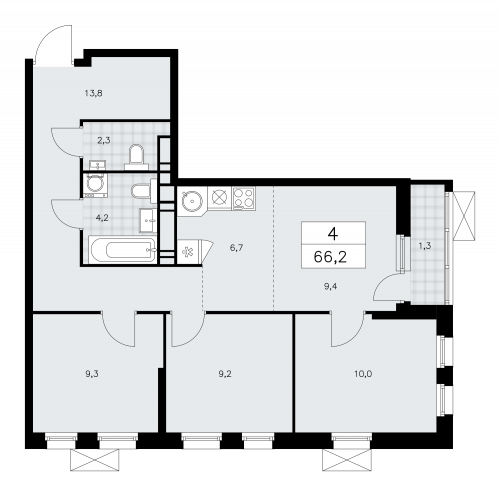 Многокомнатная, 66.2 м²