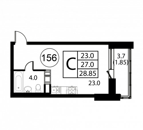 Студия, 28.85 м²