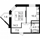 1-комнатная квартира 37,6 м²