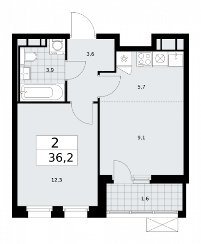2-комнатная, 36.2 м²