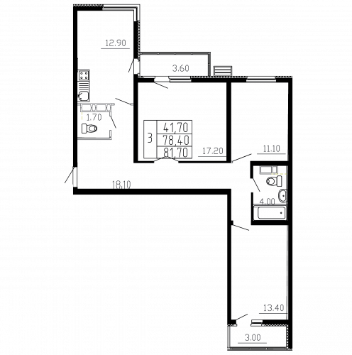 3-комнатная, квартира, 81.7 м²