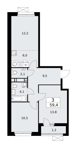 3-комнатная, 59.4 м²
