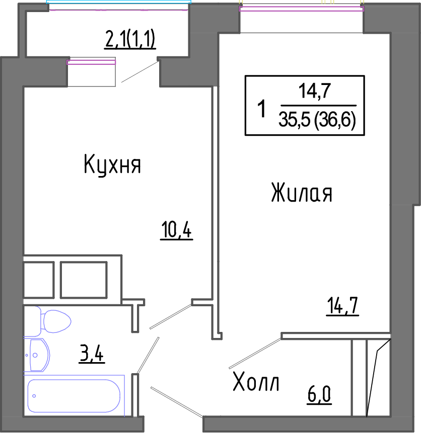 1-комнатная квартира №10178427, 34,8 м² за 7,46 млн руб. в ЖК «Новое Замитино» - планировка