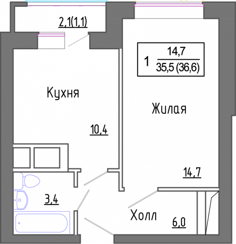 1-комнатная, 34.75 м²