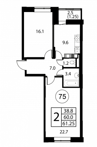 2-комнатная, квартира, 61.25 м²