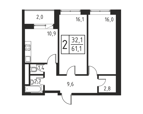 2 комнаты до 61.2