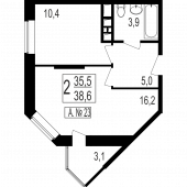 1-комнатная квартира 35,5 м²