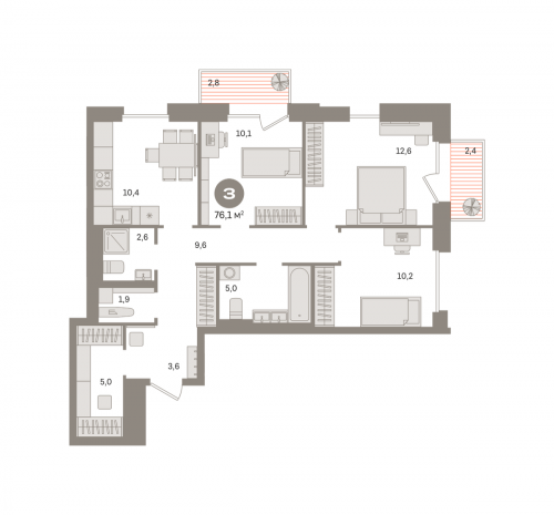 3-комнатная, квартира, 76.12 м²