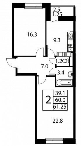 2-комнатная, квартира, 61.25 м²