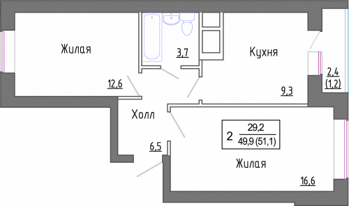 2-комнатная, 49.55 м²