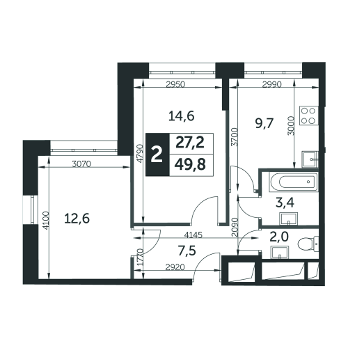 2-комнатная, квартира, 49.8 м²