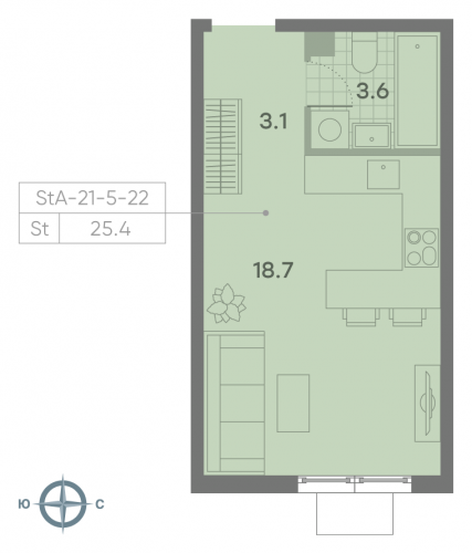 Студия, 25.4 м²