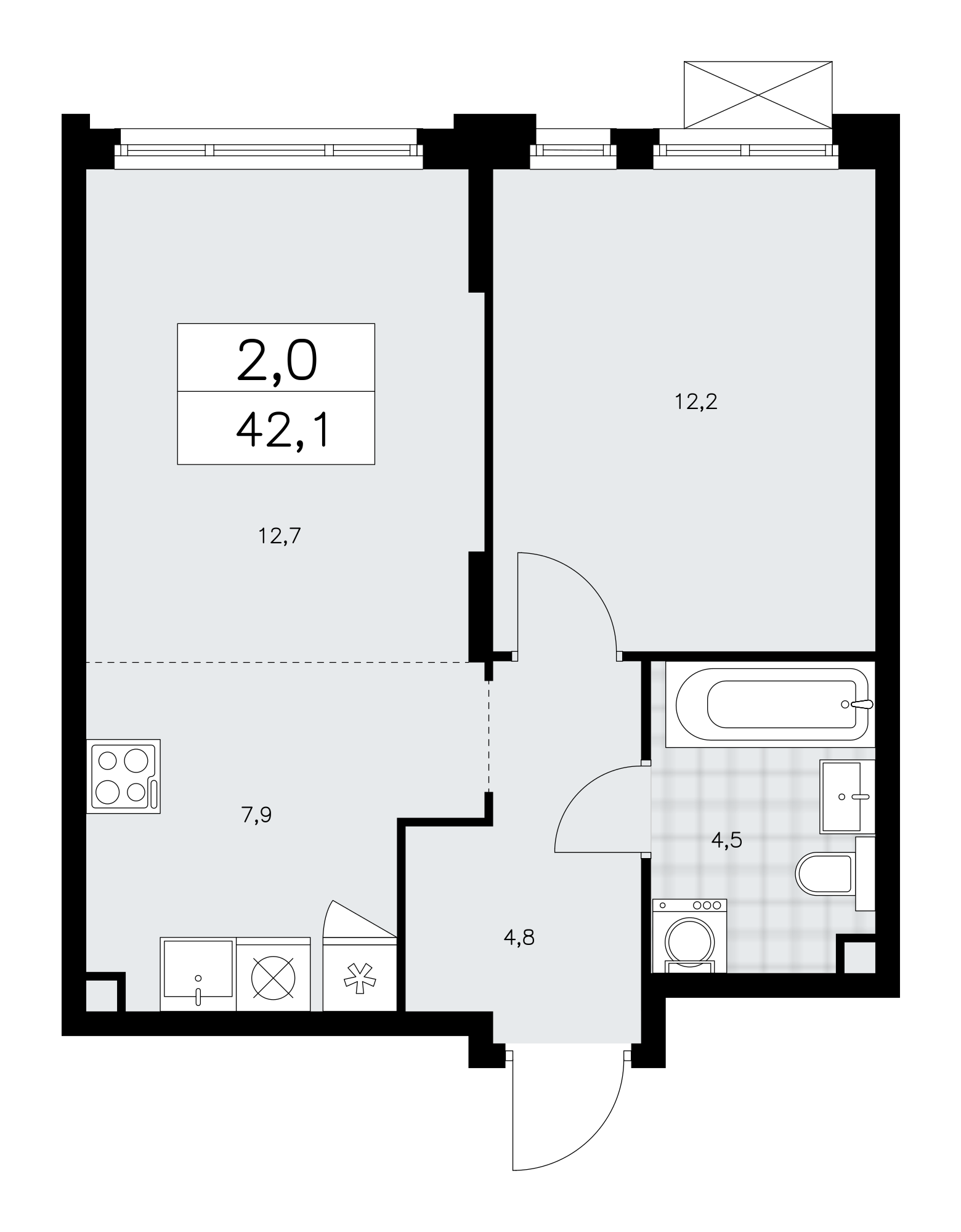 2-комнатная квартира №58К-10.1.5-1211, 42,1 м² за 14,46 млн руб. в ЖК «Прокшино» - планировка
