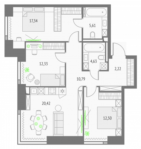 3-комнатная, квартира, 85.84 м²