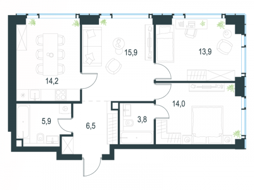 3-комнатная, 74.2 м²