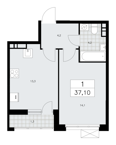1-комнатная, 37.1 м²