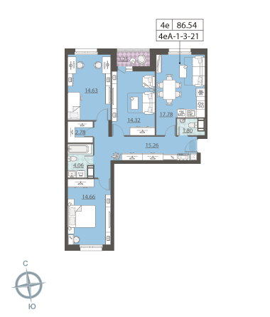 3-комнатная, квартира, 86.5 м²