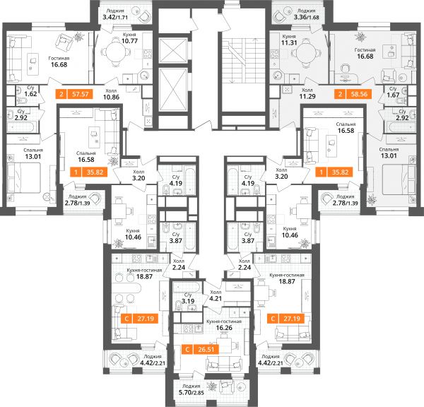2 комнаты до 58.56
