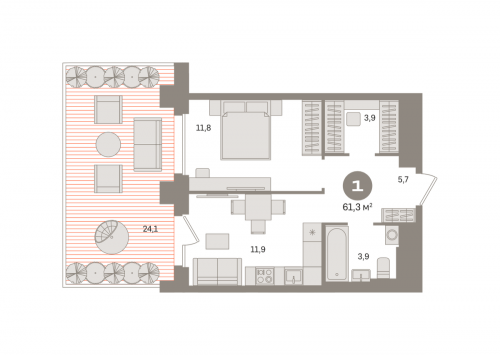 1-комнатная, квартира, 61.26 м²