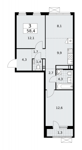 3-комнатная, 58.4 м²
