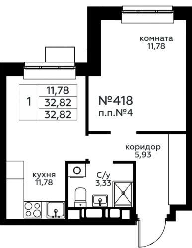 1-комнатная, 32.82 м²