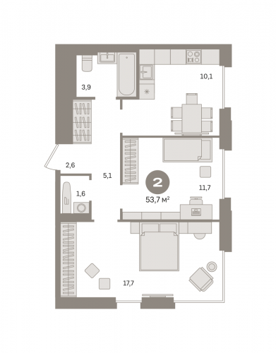 2-комнатная, квартира, 53.74 м²