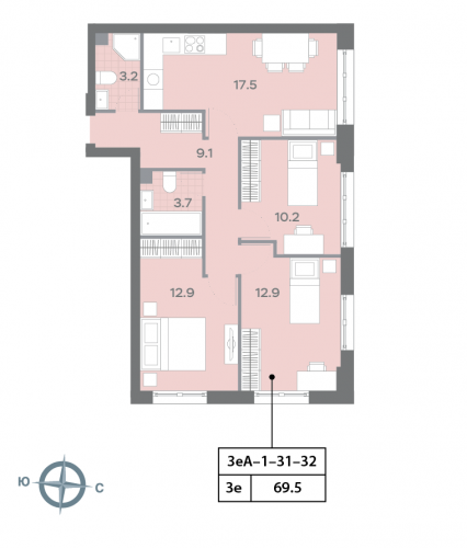 3-комнатная, квартира, 69.8 м²