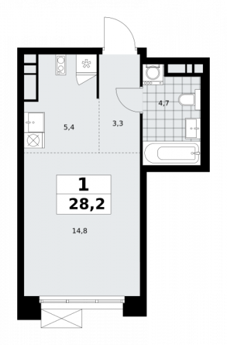 1-комнатная, 28.2 м²