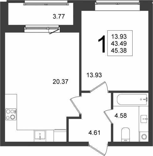 1-комнатная, квартира, 45.38 м²