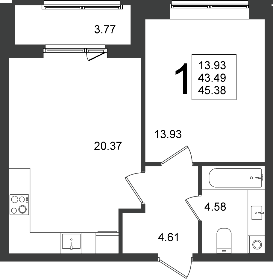 1-комнатная квартира №4, 45,4 м² за 7,76 млн руб. в ЖК «Мишино - 2» - планировка